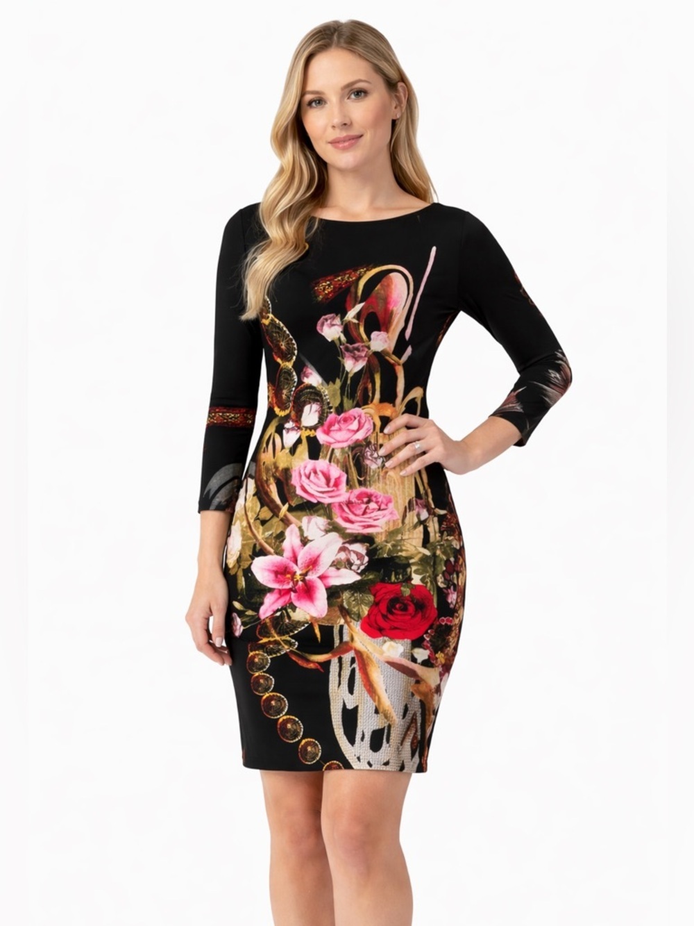 Joseph Ribkoff Floral Bodycon Dress Style 143856 Black Multicolor size 6